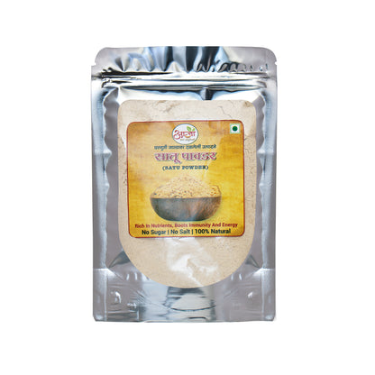 Saatu Powder comes in a silver foil pack with an illustrated bowl of sattu and a label stating: “Rich in Nutrients, Boosts Immunity and Energy, No Sugar, No Salt, 100% Natural.”.
