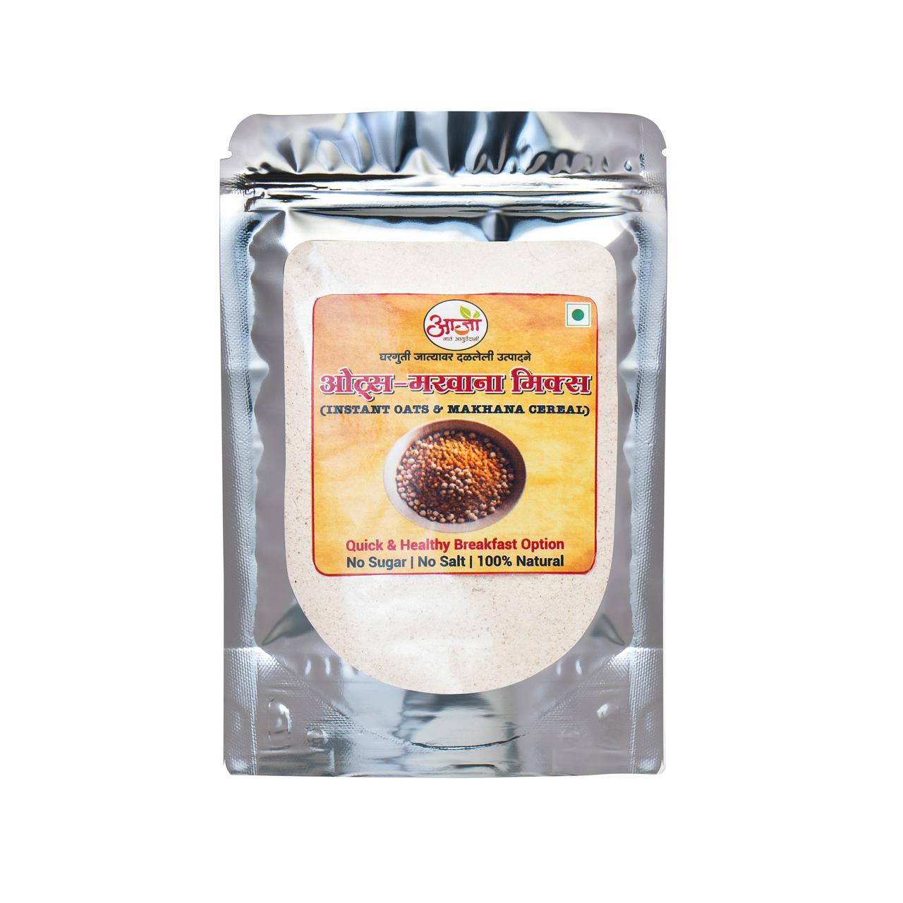 A silver pouch labeled Oats Makhana Mix - Instant Cereal shows a photo of grains and highlights an instant, healthy breakfast with no sugar, no salt, and 100% natural ingredients.