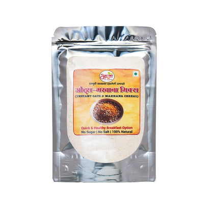 A silver pouch labeled Oats Makhana Mix - Instant Cereal shows a photo of grains and highlights an instant, healthy breakfast with no sugar, no salt, and 100% natural ingredients.