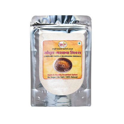 A silver pouch labeled Oats Makhana Mix - Instant Cereal shows a photo of grains and highlights an instant, healthy breakfast with no sugar, no salt, and 100% natural ingredients. -  Oats Makhana Mix - Instant Cereal - My Store